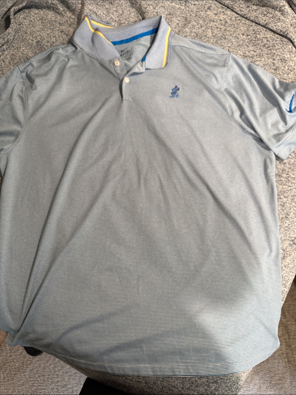 Nike Disney Men's Light Blue Striped Polo With Yellow-Trim Collar Dri-Fit